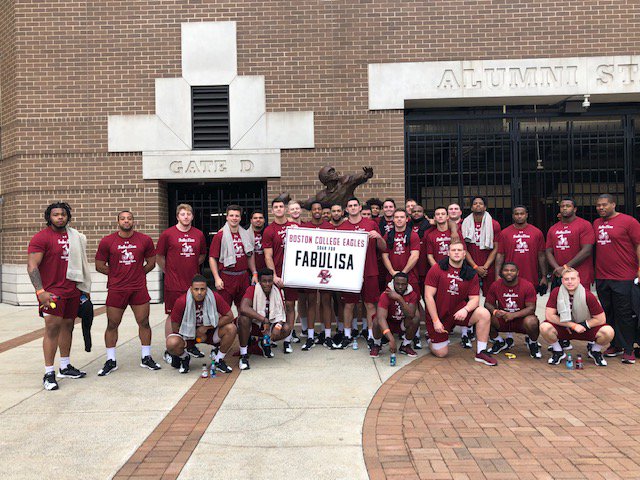 BCforFabuLisa's tweet photo. The @BCFootball team kicks off one of their 3 cycling time slots. 90 players and coaches will be riding for #Fabulisa in memory of Lisa Gallup this morning. https://t.co/cYLdy4W90j