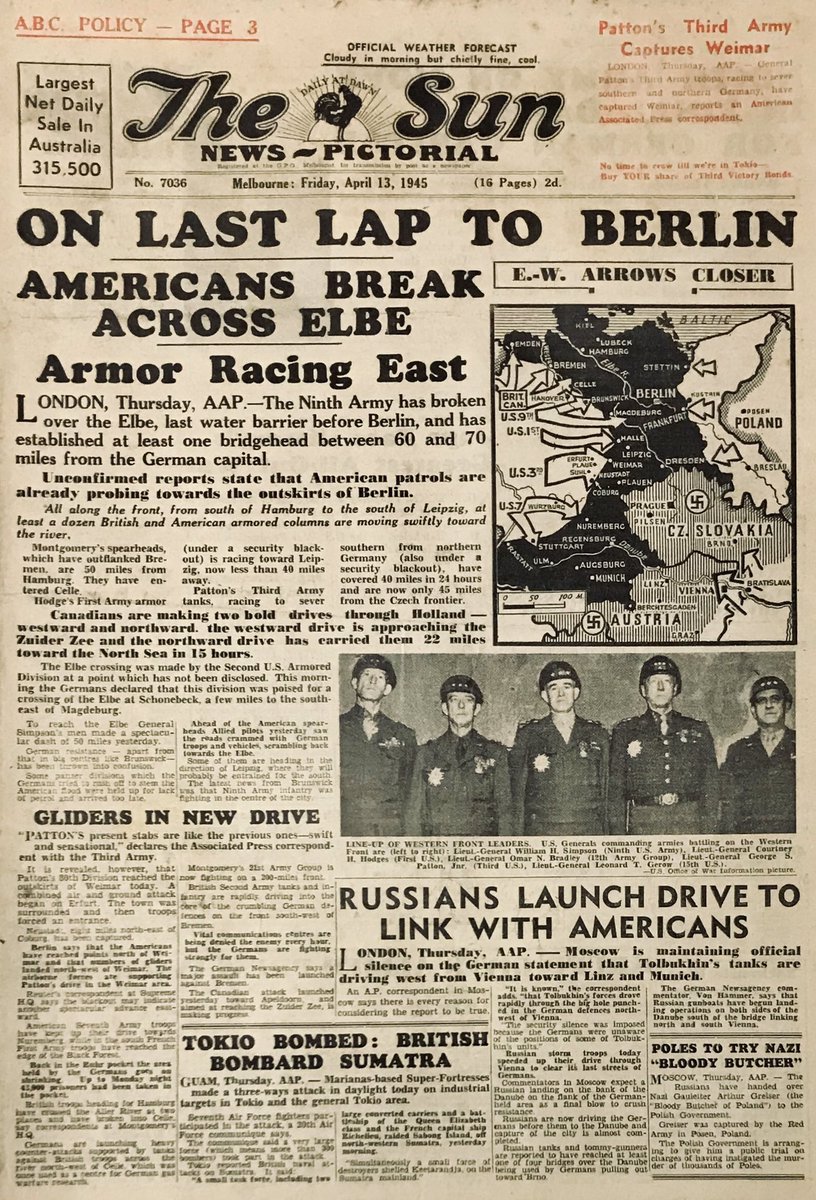 WW2frontpages's tweet photo. U.S. NINTH ARMY CROSSES ELBE. Melbourne Sun, 13 April 1945. #WW2 #WWII #History https://t.co/TijgPmDkff