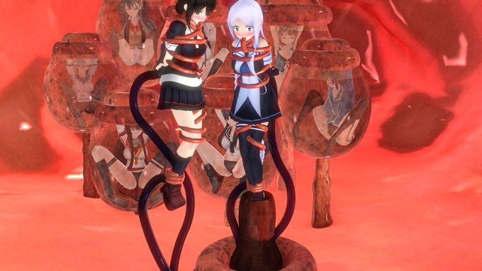 きつく拘束され、口の中にまで侵入してきた触手に嫌悪感を覚えながら、薄気味悪い場所を歩かせられた。
「んぐ、んん」
「むぐぅ・・・んん・・・」
お互い声を掛け合うことさえ許されなかった。 