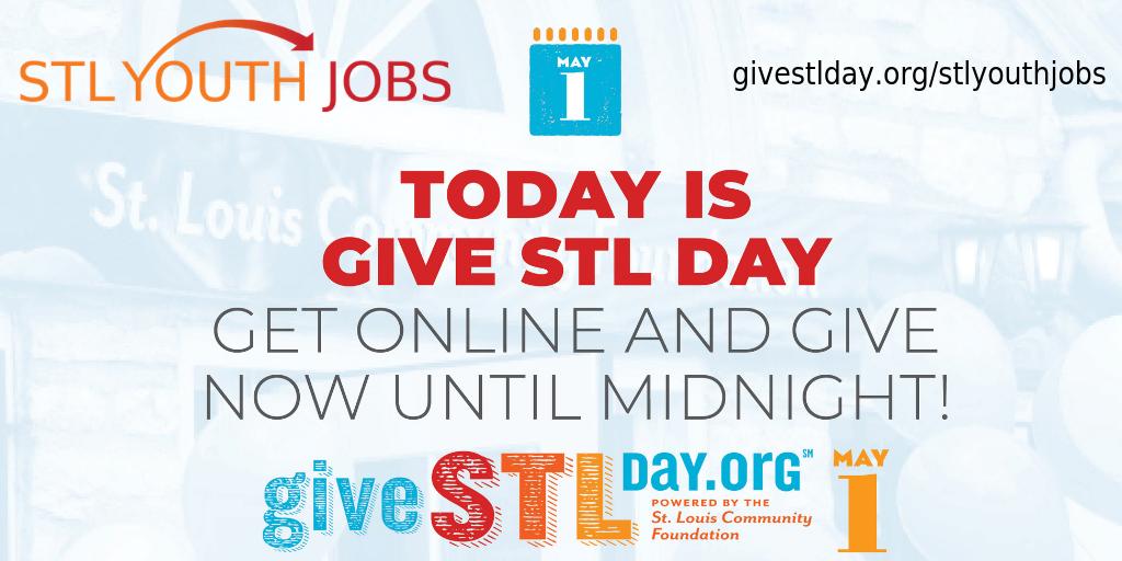 TODAY IS GIVE STL DAY!! It's FINALLY here and we invite you to donate to STL Youth Jobs at givestlday.org/stlyouthjobs. We make it count. #InvestWithImpact #GiveSTLDay #GiveSTLDay2019 #LastDaytoGive #May1 #finallyhere #todayistheday