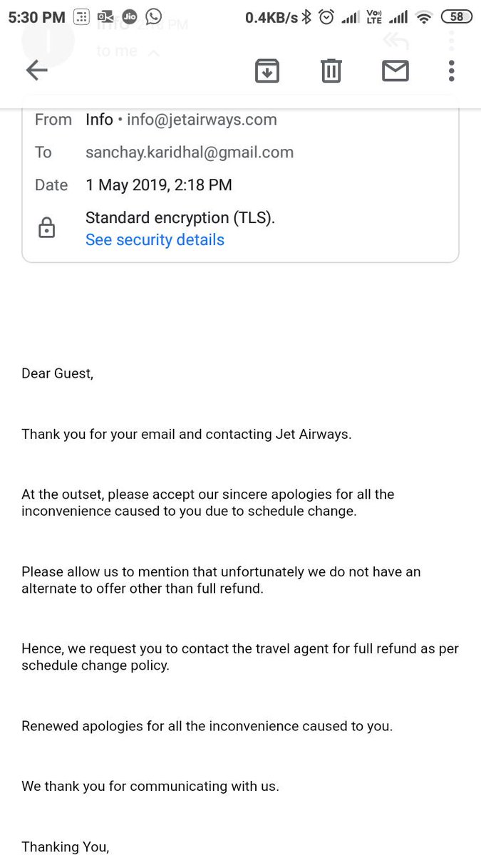 sanchaykaridhal's tweet photo. @goibibo @jetairways @goibibo - @JetAirways already confirmed they have updated you guys to honour full refund. Y r you making stories to delay the refund? MMT already refunding its customers. International Airport Authority also confirmed the same. Stop #fooling us n process the #refund. https://t.co/2wUTHVKpIL
