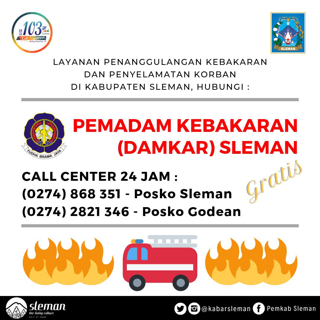 #Slemanis jika terjadi kebakaran atau membutuhkan penyelamatan korban di wilayah Kabupaten #Sleman, segera hubungi PEMADAM KEBAKARAN (Damkar) Sleman. 
Call Center 24 Jam:
- Posko Sleman : (0274) 868 351
- Posko Godean : (0274) 2821 346
Layanan ini GRATIS 😊🙏