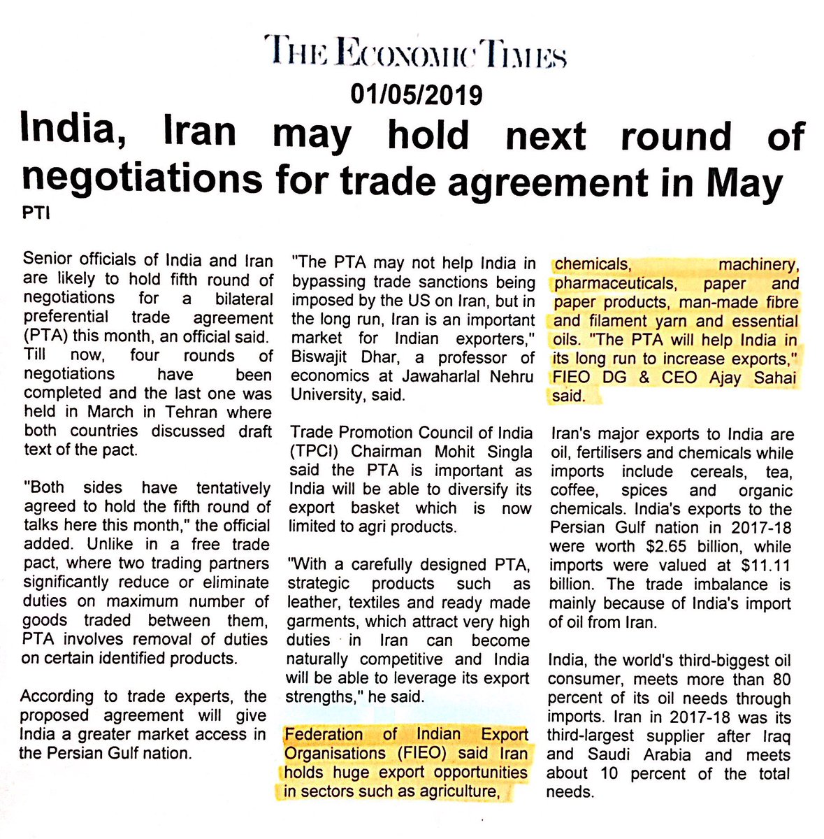 FieoHq's tweet photo. FIEO Press Clipping from @EconomicTimes 

#TradewithIran #USSanctionsonIran #CrudeOil #PTA #PersianGulfNation # https://t.co/g15UTAGgcR