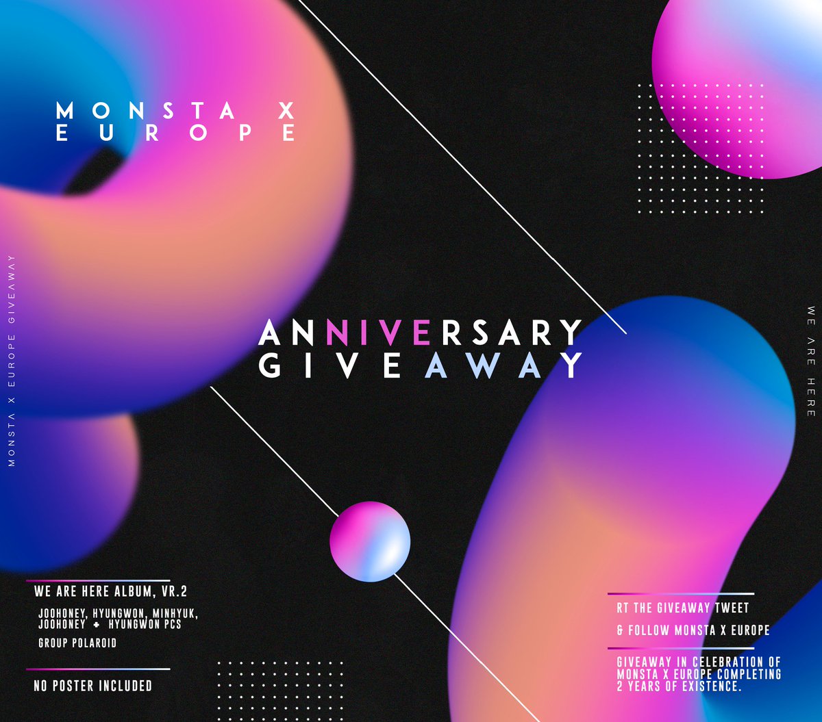 MonstaXEurope's tweet image. 🌺 ANNIVERSARY GIVEAWAY 🌺

To celebrate 2 Years of MXEU we will hold a giveaway for a "WE ARE HERE" Album!

➡️  All details in the picture
➡️  Open Worldwide
➡️  RT this tweet and follow us!
➡️  Closes on 08/05/19

#monstax #몬스타엑스
#monbebe #몬베베
#MonstaXGiveaway