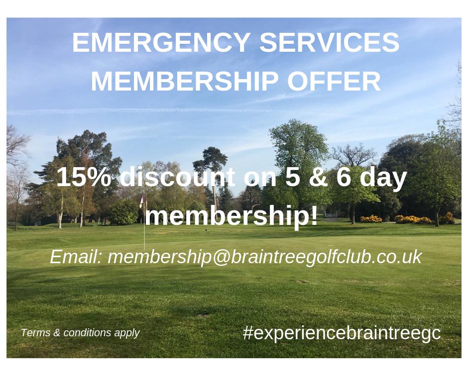 BraintreeGC's tweet photo. 15% discount intro offer on 5 and 6 day membership categories exclusively for people employed in the Emergency Services sector. Email: membership@braintreegolfclub.co.uk for full details. https://t.co/G5hg0Zo394