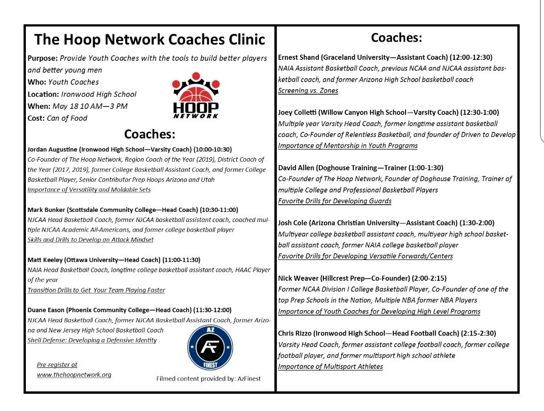 WSFJordan's tweet image. The Hoop Network is offering a youth camp and coaches clinic for a can of food on May 18!

✅ Impact the community 
✅ Players: Learn skills that will help you get to the next level.
✅ Coaches: Learn from great coaches that will help take your coaching to the next level.
