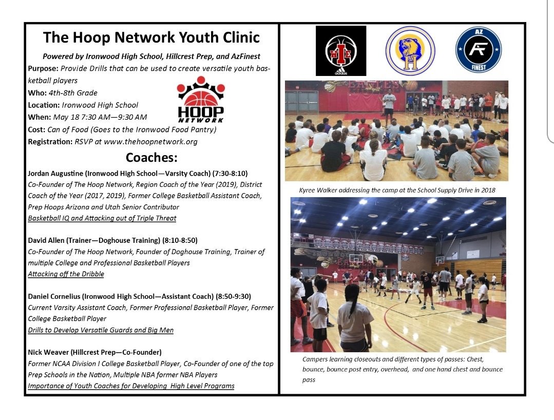WSFJordan's tweet image. The Hoop Network is offering a youth camp and coaches clinic for a can of food on May 18!

✅ Impact the community 
✅ Players: Learn skills that will help you get to the next level.
✅ Coaches: Learn from great coaches that will help take your coaching to the next level.
