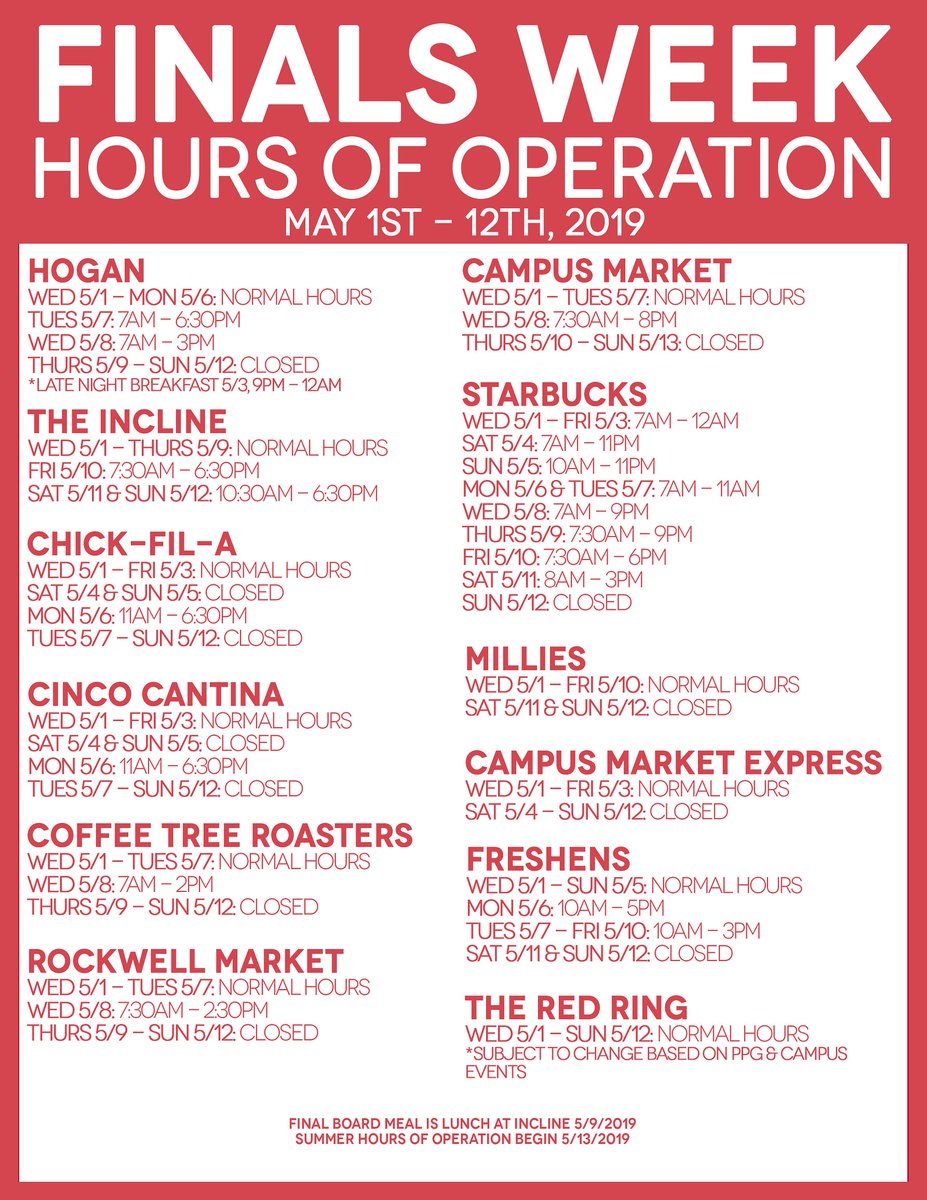 TheRed_Ring's tweet photo. Here are our Finals Week Hours of Operation. Red Ring will have normal operating hours until May 13th. https://t.co/XUJGcliSxM
