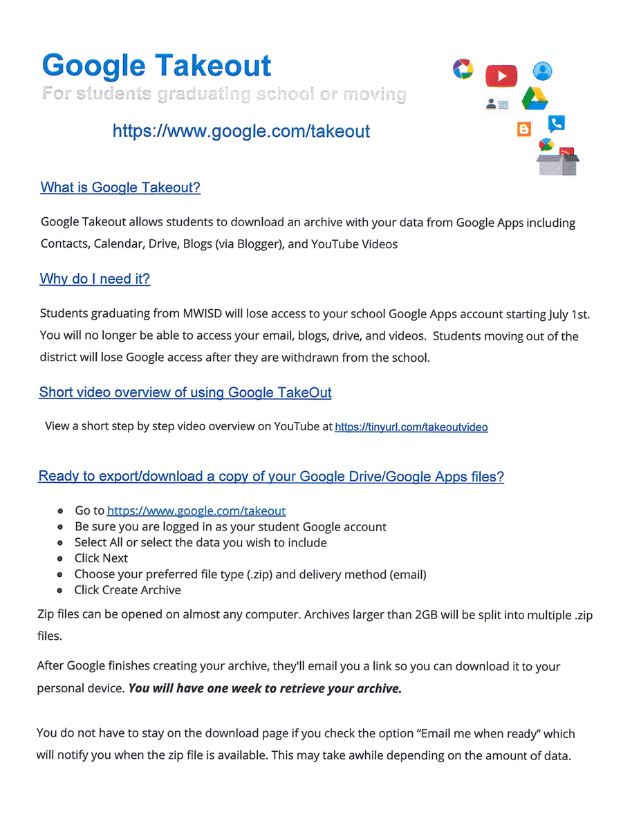 MWHS seniors who want an easy way to save data and files they created while in high school that are on the district's server should read the attached document.  Students lose access beginning July 1.
