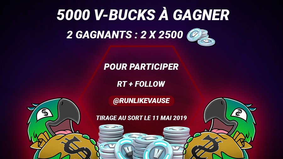 RunlikeVause's tweet photo. Pour vous remercier du giga soutien quotidien, j'vous offre 5000 VBUCKS pour la nouvelle saison les potes 🥳

Pour participer :

1️⃣ Me follow (@RunlikeVause)
2️⃣ #RT le tweet 
3️⃣ Prier

FIN le 11/05/2019 https://t.co/8sJWn3TGUU