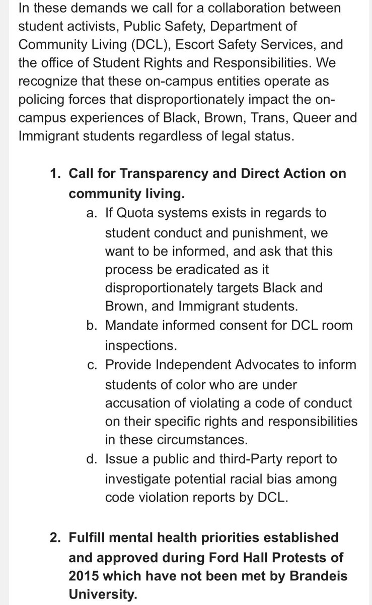 TheGarlandSitIn's tweet photo. @BrandeisU Their list of demands #TheBrandeisTruth
#FreedomCampus
#BlackLikeWeNeverLeft
#StillConcerned
#ProudToBeAProblem https://t.co/o6S3BgwIOv