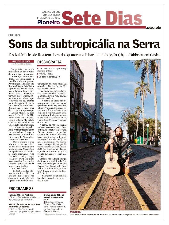 Nuestro <a href="/ricardopita1979/">Ricardo Pita</a> en la tapa del diario Brasileño!
Felicidades maestro, hoy empieza el Festival Musica de Rúa en Río Grande do Sul ✨🎶🙌🏼