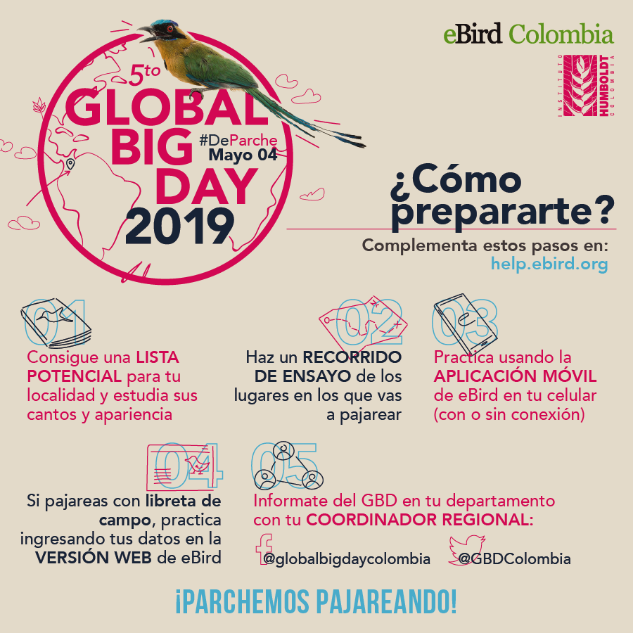 sibcolombia's tweet photo. Siguiendo estos 5 pasos puedes prepararte mejor para el #GlobalBigDay. #CadaAveCuenta para saber más sobre nuestra biodiversidad. Anímate a participar y ¡vámonos #DeParche! @ProAvesColombia @OrnitologiaCol @RNOA_AVES @Team_eBird @amcuervo https://t.co/OCH3Dpej9K