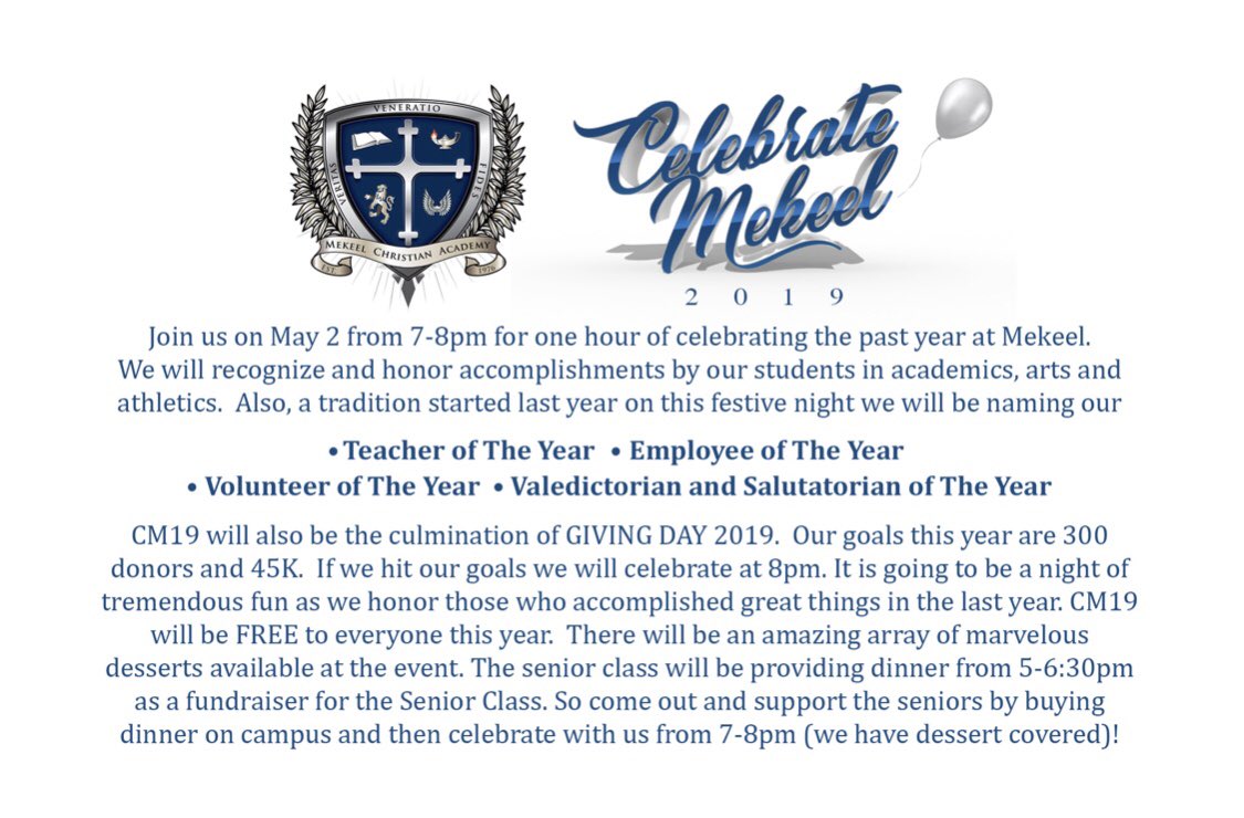 MekeelChristian's tweet photo. Celebrate Mekeel is tomorrow, May 2nd at 7:00 PM! We hope to see you there! #1Day4MCA #CelebrateMekeel #GivingDay2019 #LionPride https://t.co/qugSuEoEyU