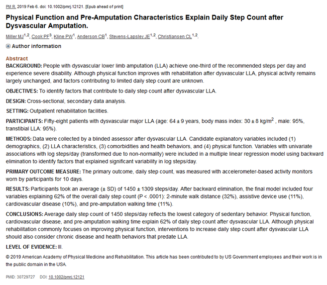 #NewPub in @PMRJournal by @CUPhysTher and @CUPhysMed faculty @MJMIllerDPT, @paulklinePT, @CAnderson__CPO, and @CUmvmtscience about how #PhysicalFunction and #PreAmputation Characteristics Explain Daily Step Count after #DysvascularAmputation. ncbi.nlm.nih.gov/pubmed/30729727