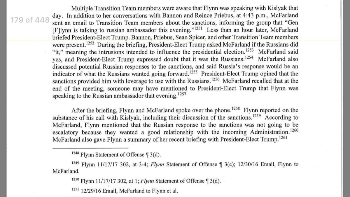 38. As Flynn set to meet with Russian AMBO, Trump asks McFarland if the Russians did “it” (i.e. waged a military campaign on the 2016 election to benefit his win). She responded “yes” but despite her definitive answer, Trump expressed doubt it was the Russians.Perspective: WTF.