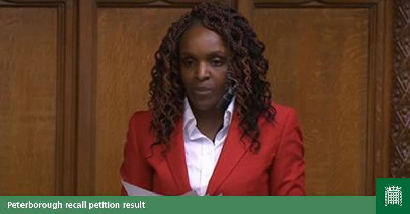 The Speaker has announced that the Recall Petition in #Peterborough has been successful.

As more than 10% of the constituency's electorate signed the petition, Fiona Onasanya is no longer an MP and there will be a by-election in Peterborough.