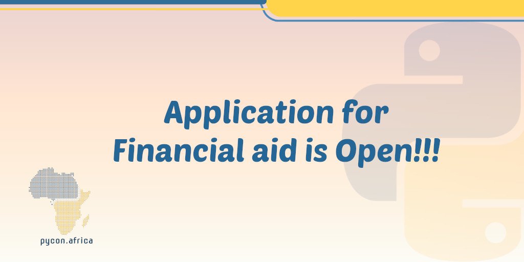 📤Application for PyCon Africa 2019 Financial Aid can be submitted by following this link: pycon.africa/financial-assi… 

📅Applications close on the 10th of June, 2019. 
Hurry now!

#FinancialAid #PyConAfrica2019 #Pycon #Python #PyConAfrica