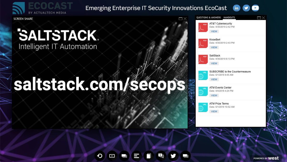 davidmdavis's tweet photo. After today’s live demo by @thatch45 of @SaltStack I’m going to spend some time to learn more about the SaltStack SecOps solution - cool stuff! #SecurityEcoCast https://t.co/kJ1qJAVBkj