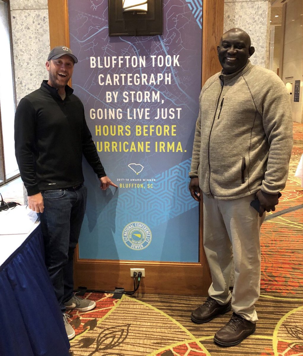 TownofBluffton's tweet image. Pictured: Bryan McIlwee, Director of Engineering (Left) and Derrick Coaxum, Public Works Manager (Right) at the Cartegraph conference. 
The Town of Bluffton received a special shout out for implementing its asset-software during Hurricane Irma. 
#BlufftonSC  #Cartegraph