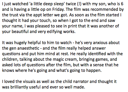ForMed_Films's tweet photo. A review for 'A Little Deep Sleep' from a parent taking their child into @UHBristolNHS children's hospital this week. Collaboration with @antbrad0 @APAGBI Dr.Judith Nolan, funded by @thegrandappeal  https://t.co/eDIiUKzW3e Get in touch to use the film. https://t.co/Rni9ycR3yG