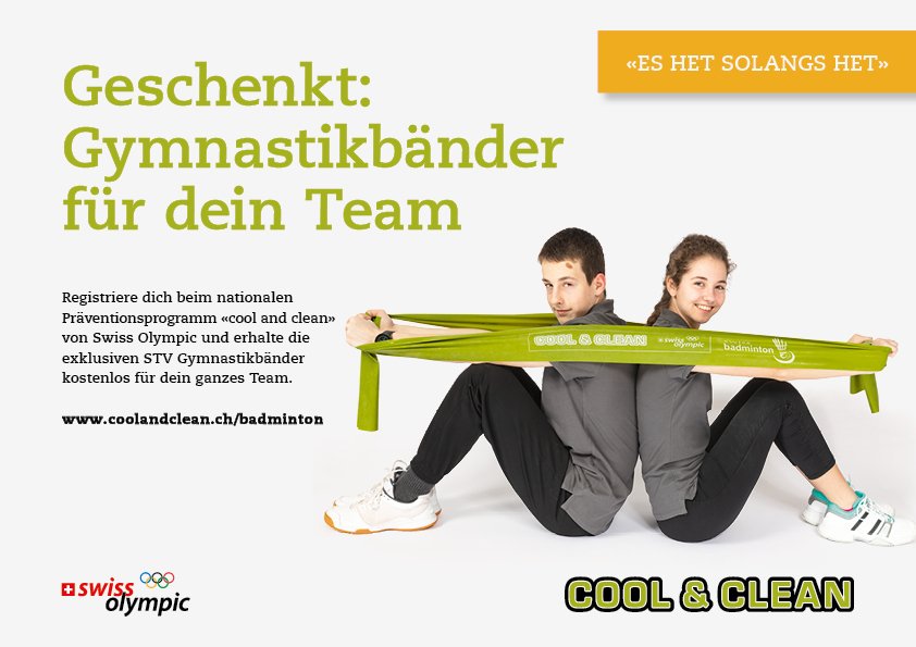 swissbadm1nton's tweet photo. Melde dich jetzt beim Präventionsprogramm «cool and clean» an und erhalte für deinen Verein oder dein Team als Dankeschön die exklusiven Swiss Badminton-Gymnastikbänder!
✏ https://t.co/5uughKt2aJ
#coolandclean #swissolympic #swissbadminton #sport #badminton #welovebadminton https://t.co/ulTLXm3TGe