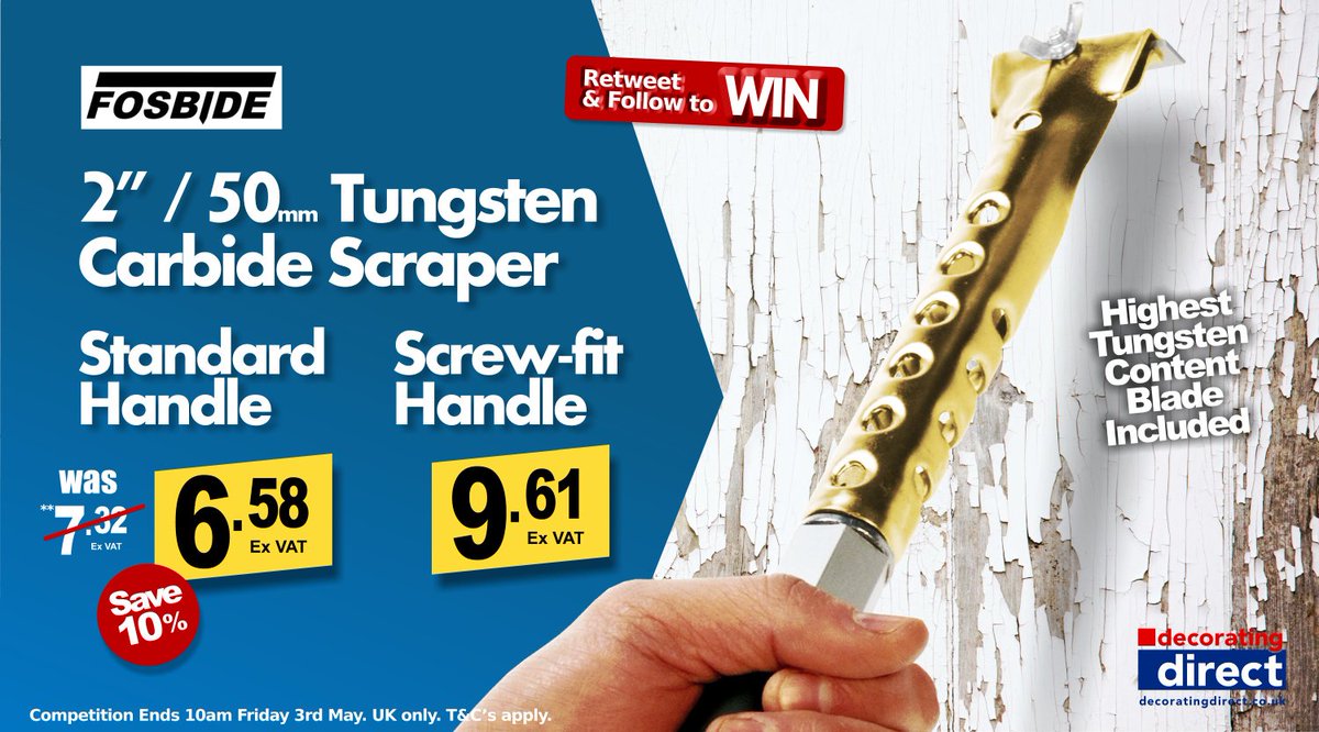 decoratingdirec's tweet photo. Retweet &amp; Follow to WIN one of our Fosbide Push Fit Tungsten Carbide Scrapers @decoratingdirec 
3 winners to be chosen.
Ends 10am Friday 3rd May 2019
UK only. T&amp;C's apply.
https://t.co/DVMPqc6DS1 https://t.co/DFnyCRFELB