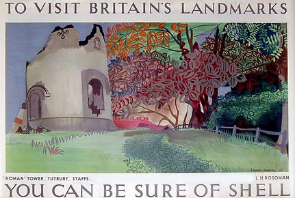SHAC_Curator's tweet image. Happy #StaffordshireDay ! We love our @Shell_UKLtd  #poster of the Roman Tower at Tutbury by Leonard Rosoman, produced in 1936. #ShellHeritage @Beaulieu_Hants