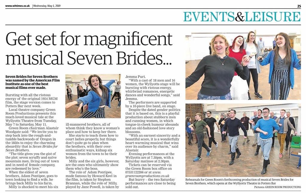 GreenRoom52's tweet photo. Get your copy of the @whtimes newspaper for a great preview of Seven Brides for Seven Brothers, which opens on Tuesday and runs until Saturday 11th @Wyllyotts
**Limited availability for both Saturday shows**
Tickets: https://t.co/QEpZlrGuG8.
#7B47B #musical #theatre #stage https://t.co/VO4DDXn4ks
