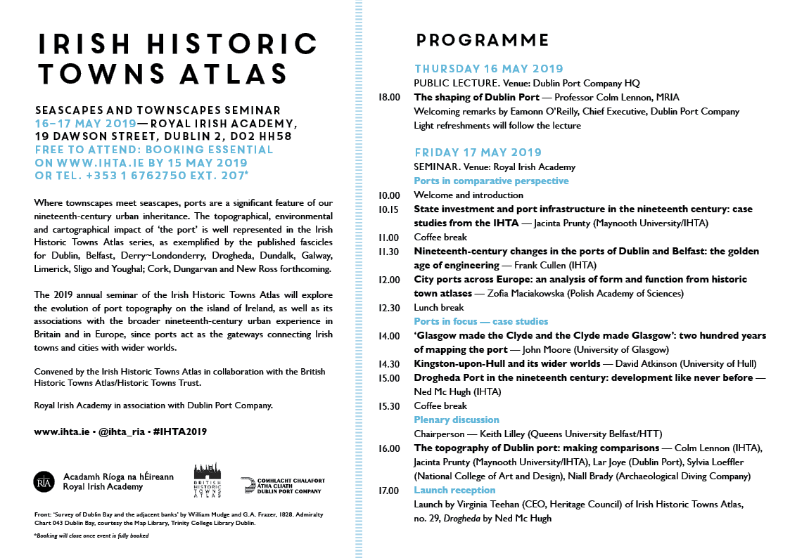 IHTA_RIA's tweet photo. The #IHTAPubliclecture 'The Shaping of Dublin Port' by Colm Lennon is now fully booked, we have a waiting list open https://t.co/PdScduO3xO
We are nearing capacity for #IHTASeminar 'Seascapes and Townscapes'. Final places can be snapped up here https://t.co/8LCl9WlbQ1 #IHTA2019 https://t.co/z0Tvcxe7MI