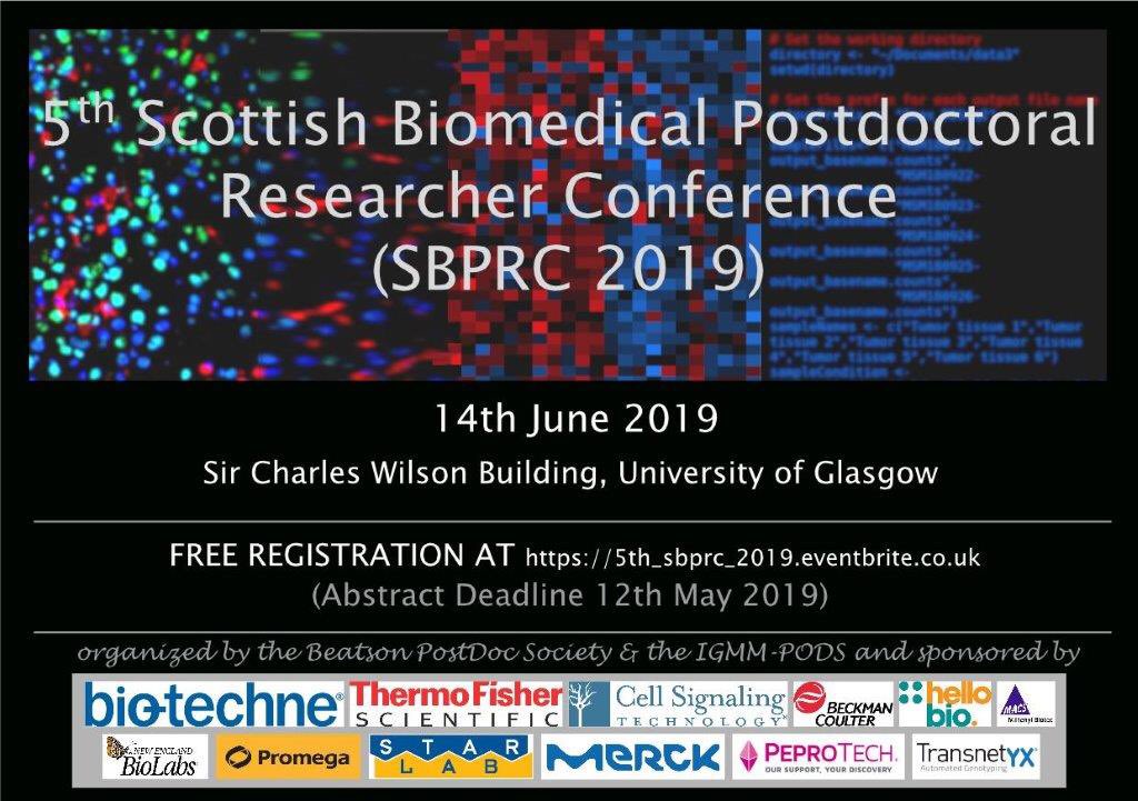 12 days left to get your abstracts in!! Sign up for the 5th Scottish Biomedical Postdoctoral Researcher Conference held <a href="/UofGlasgow/">University of Glasgow</a>.  #SBPRC2019 #conference