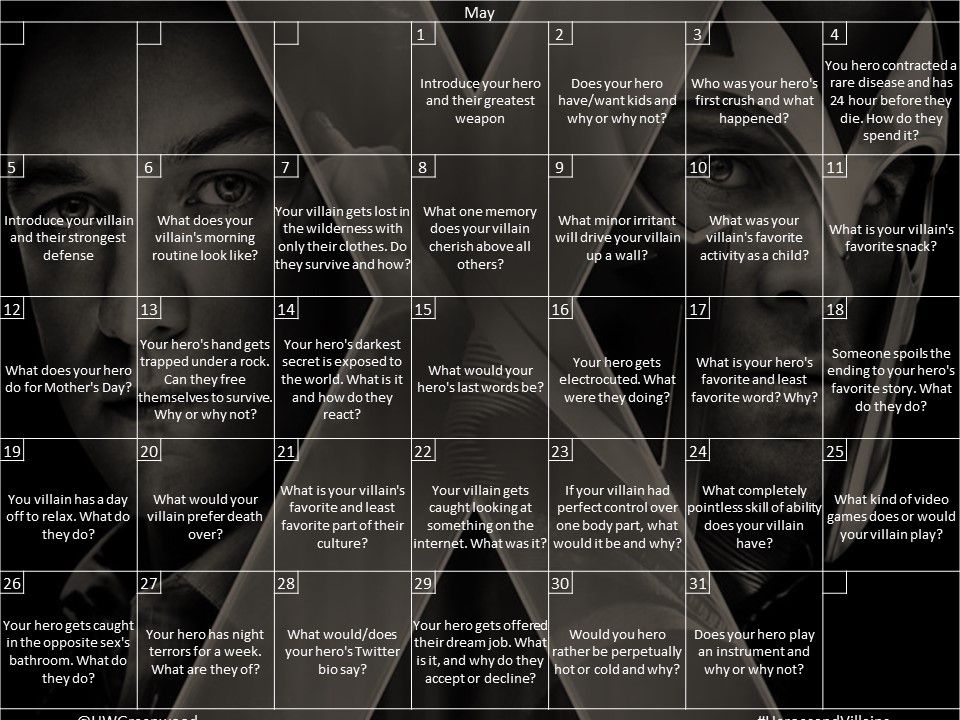 HWGreenwood's tweet photo. Come one, come all, May's #HeroesandVillains has begun. Here is a look at all of the questions ahead. Invite your friends and join in the fun! #WritingCommunity #prompt https://t.co/KKQKAec3X0