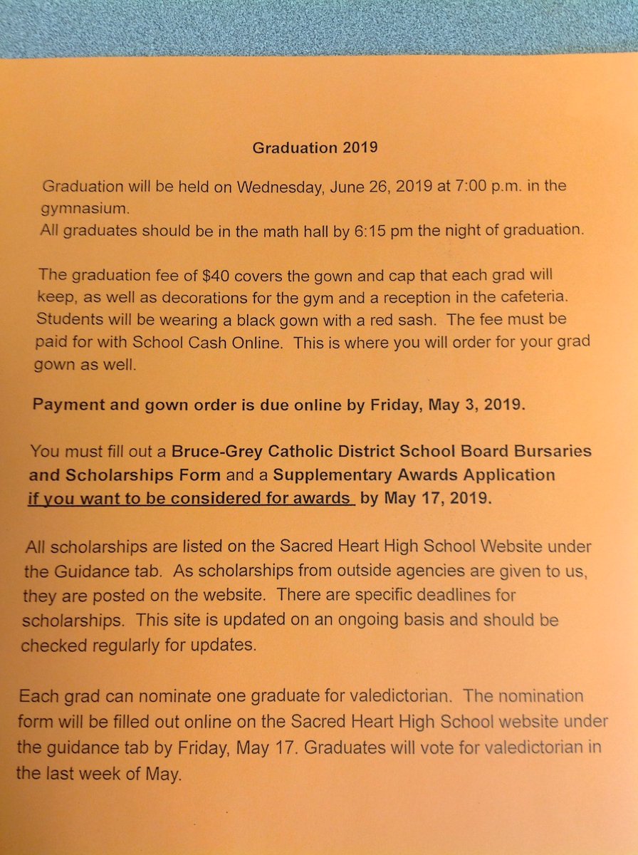 Graduation gown order is due on May 3rd. Order with School cash online <a href="/SHHSCrusaders/">Sacred Heart HS</a>