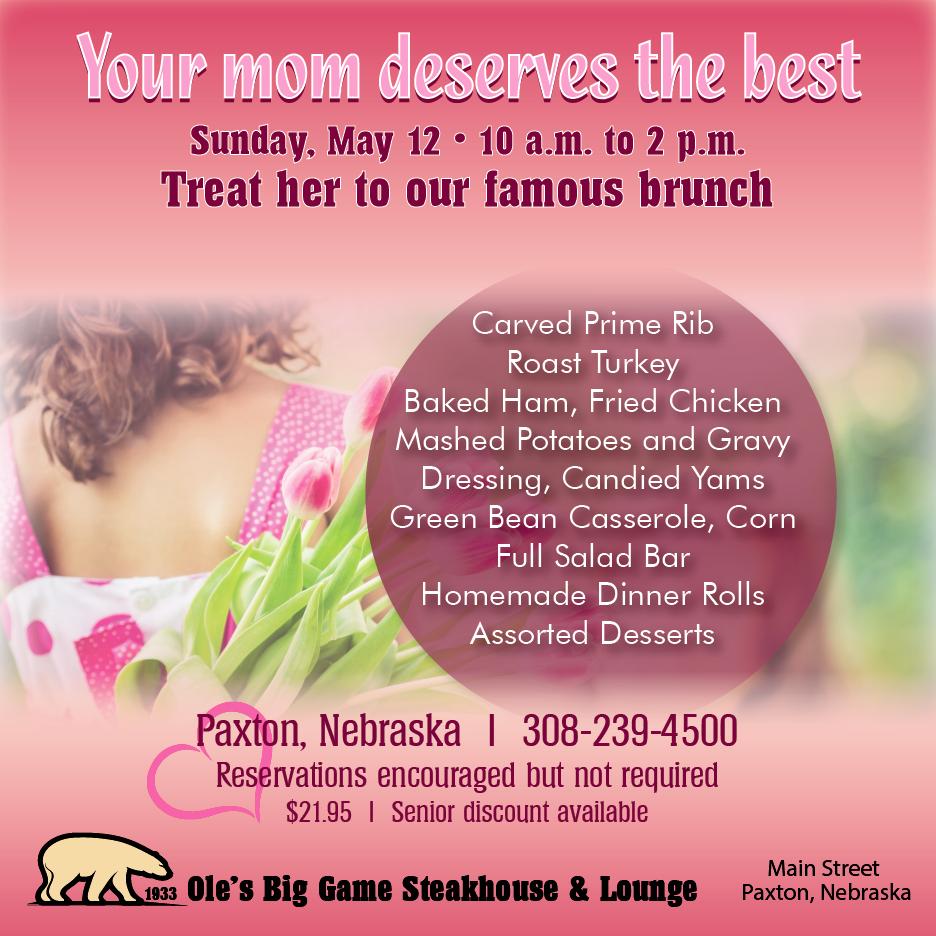 Mother's Day is around the corner.  Make your reservations early.  Call us
olesbiggame.com  #mothersday2019 #mothersdaybuffet #olesbiggame #paxton