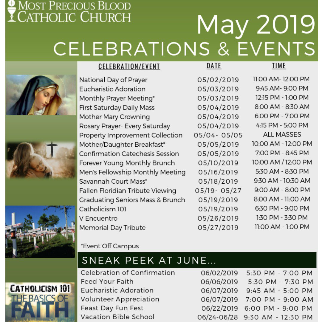oviedocatholic's tweet photo. Mark your calendars as we head into the Month of May.
Did you know on the 4th Sunday of the Month we print this calendar on the last page of the Bulletin? Don’t miss out on another celebration or event!
#OviedoCatholic #GrowDeep #ReachWide #ShareBlessings #SeekUnity https://t.co/pSavg5Ggls