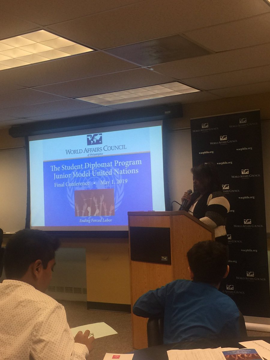 Junior U.N. Secretary-General and Bodine junior Zanya Ellis delivers opening remarks at this year’s Student Diplomat Program’s Final Conference. ⁦<a href="/wacphila/">World Affairs Council of Philadelphia</a>⁩