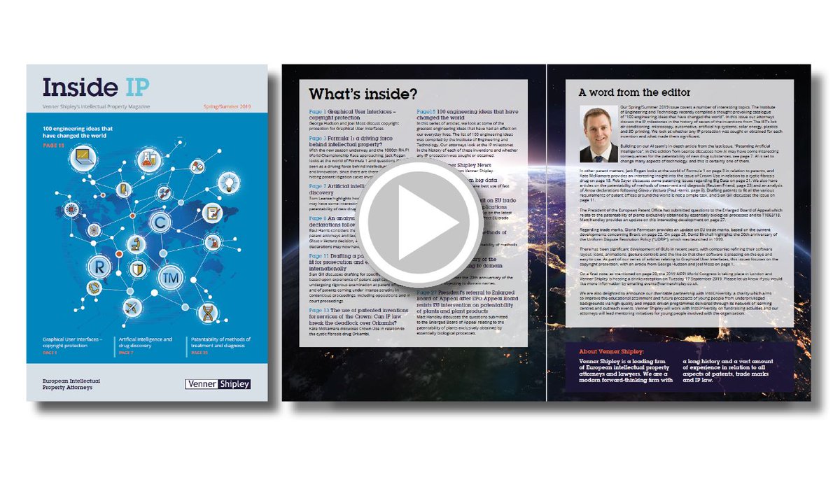VennerShipley's tweet photo. Our Spring/Summer 2019 edition of Inside IP is out now! The magazine features a round-up of the latest issues, cases and developments surrounding #intellectualproperty https://t.co/eGpqPLdVzQ #makingIPcount https://t.co/dvX8ESkhEh