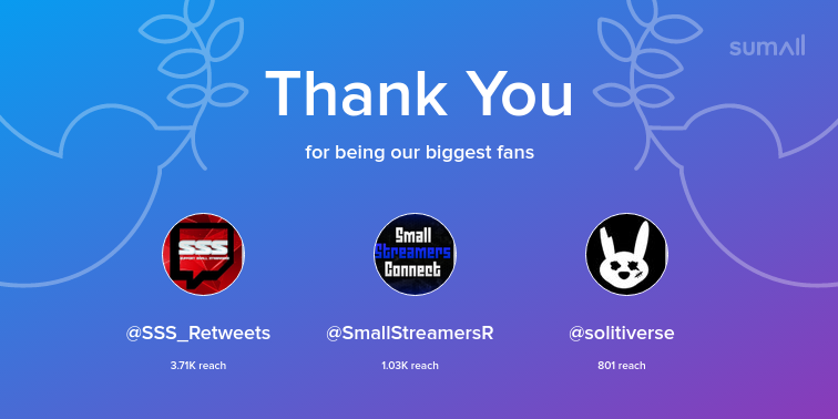 Death2xRip's tweet photo. Our biggest fans this week: @SSS_Retweets, @SmallStreamersR, @solitiverse. Thank you! via https://t.co/ifuSwWM2vm https://t.co/yY7IuVaQS9