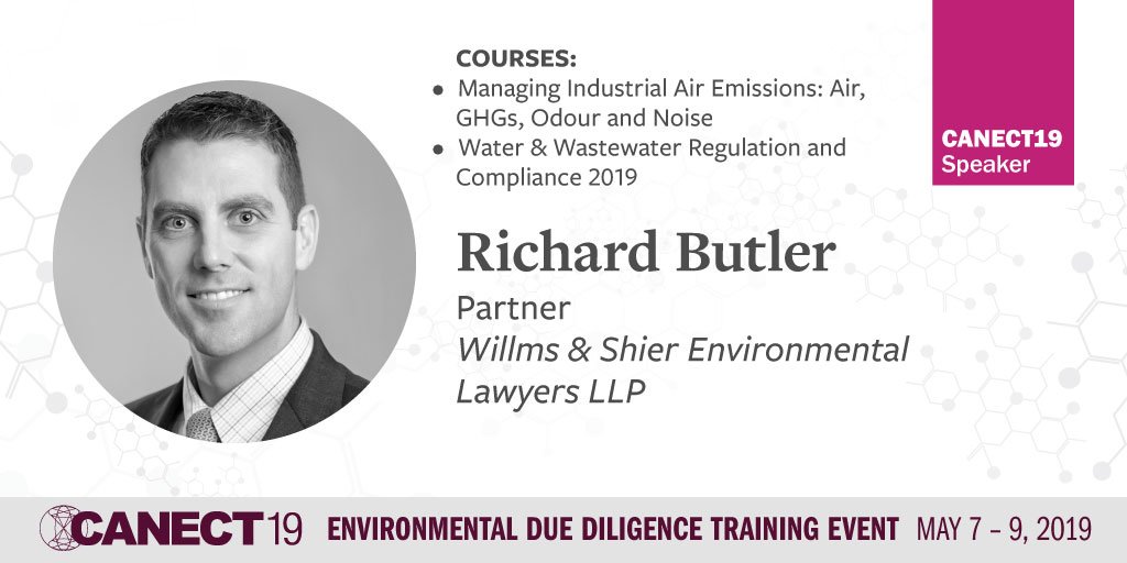 CANECTEvent's tweet photo. Richard Butler of Willms &amp; Shier Environmental Lawyers LLP will present at #CANECT19’s Managing Industrial Air Emissions: Air, GHGs, Odour and Noise (May 8), and Water &amp; Wastewater Regulation and Compliance 2019 (May 9) courses. Registration is still open: https://t.co/2dYR5DAEi2 https://t.co/NmgvhwoTZg