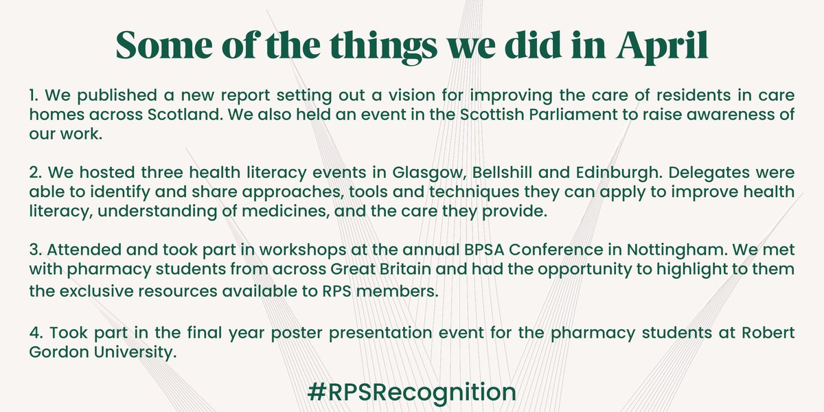 rcpharm_scot's tweet photo. At the start of each month, we try to summarise the main things we've done the month before. It's time we share our summary of April. #RPSRecognition https://t.co/0nyjF6OEz7
