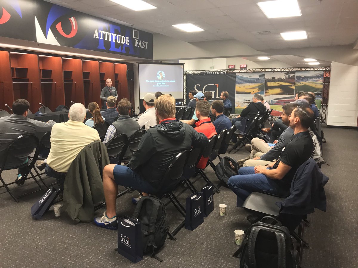 GrassInnovation's tweet photo. @Ravens Director of Grounds, Don Follett, starts off @SGLsystem Showcase at M&amp;T Bank Stadium speaking about their stadium conversion from plastic to natural grass #Innovation #NaturalGrassTechnology #SportsFieldManagement #TurfgrassManagement https://t.co/2sTrRRpE1S