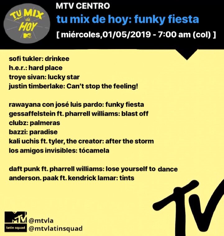 MTVLatinSquad's tweet photo. Día feriado + @MTVLA = Las mejores playlist temáticas en #TuMixDeHoy con #FunkyFiesta junto a unas talentosas mujeres en #WCM. 

#MásMúsicaEnMTV #MTVesMúsica https://t.co/0MEgY1Kd6u