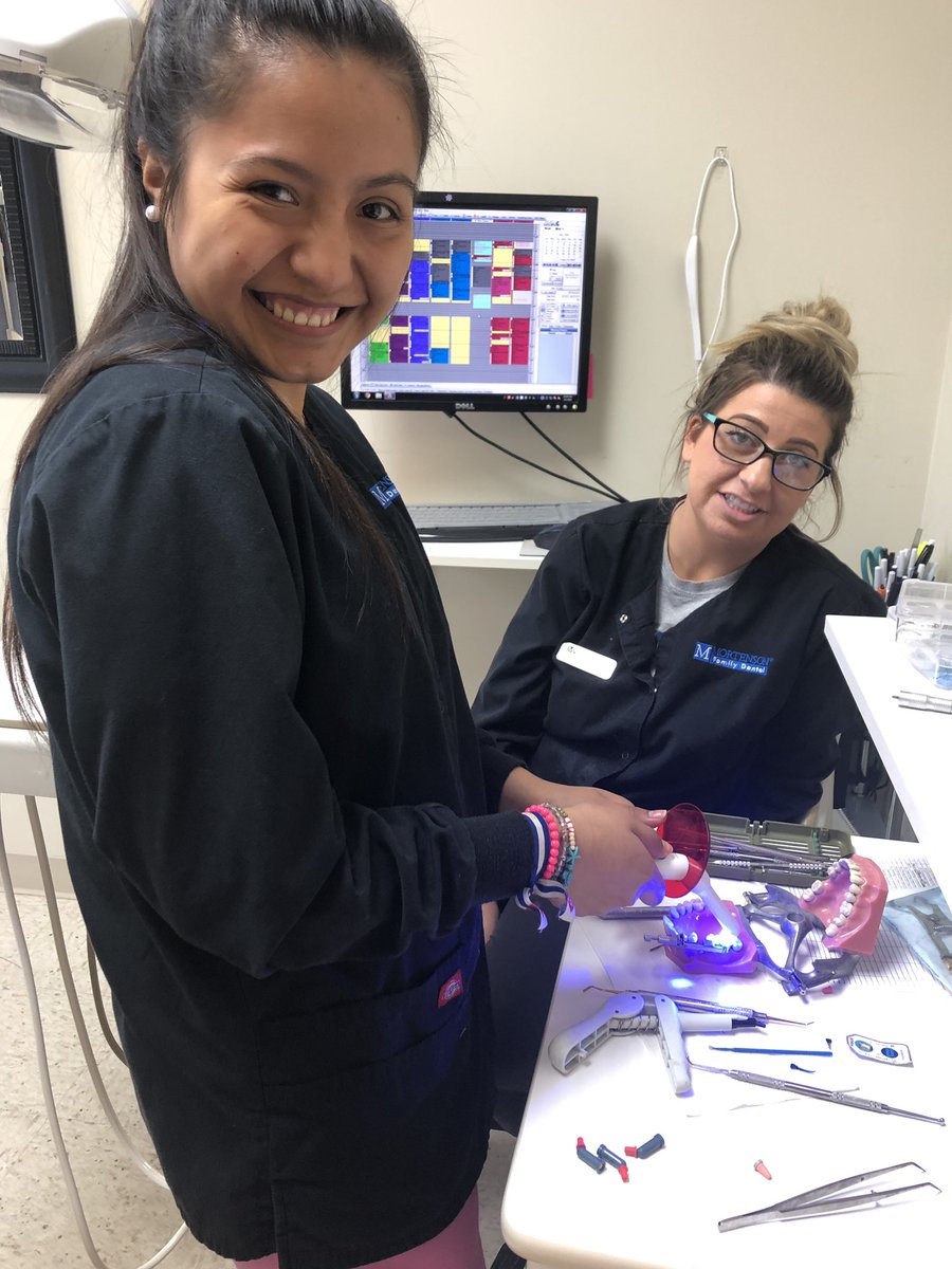 shelbycountysch's tweet photo. Aura Noriega works with Kaitlin at Mortenson West to learn important competencies for a dental assistant. Aura is a student of the dentistry program at the Shelby County Area Technology Center. For more information about enrollment in the program contact @ShelbyCoATC https://t.co/1pc3iVEaQl