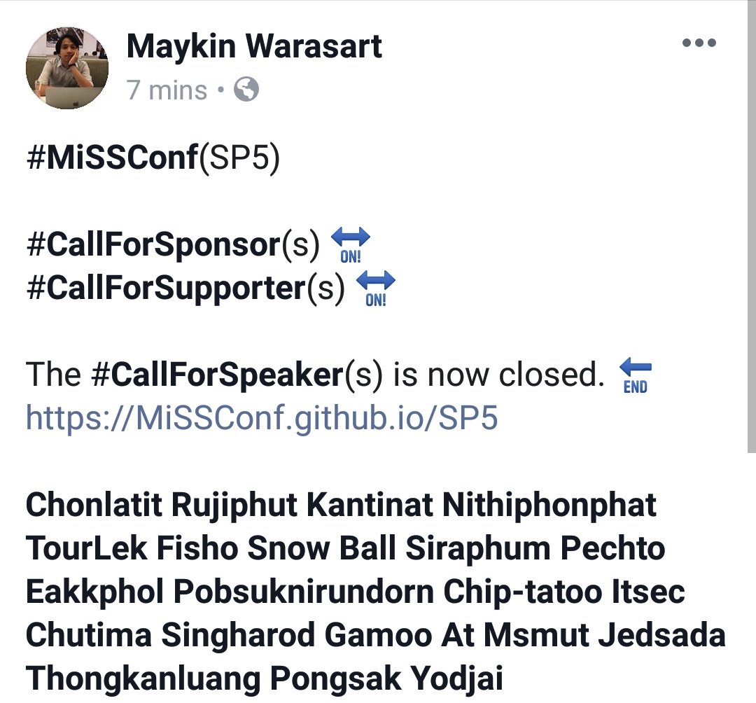 maeklong's tweet image. #MiSSConf(SP5)
(Sat) July 6, 2019

#CallForSponsor(s) 🔛
#CallForSupporter(s) 🔛

The #CallForSpeaker(s) is now closed. 🔚
MiSSConf.github.io/SP5