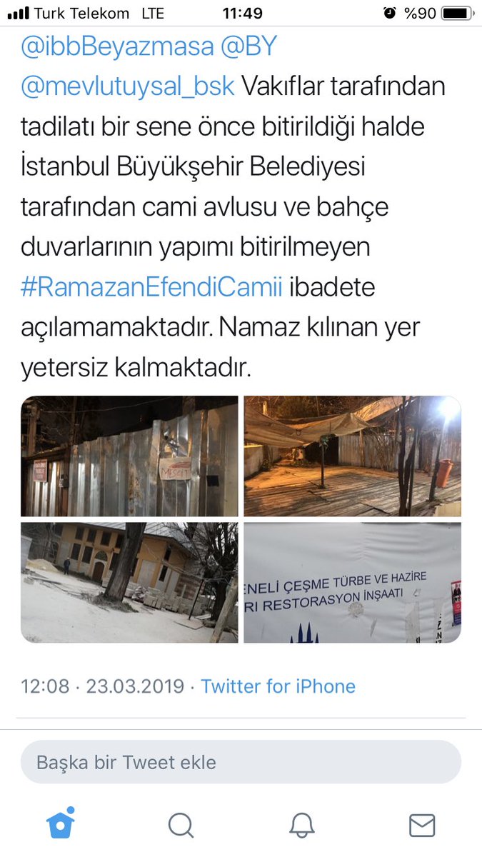 @ibbBeyazmasa , <a href="/ekrem_imamoglu/">Ekrem İmamoğlu</a> 
Resimde bilgileri bulunan Ramazan efendi camiindeki tadilat Ramazan öncesi bitirilecek denmişti. Ama hala ciddi bir gelişme yok. Kocamustafapaşa halkı ucube bir yerde ibadetlerini yapmaya çalışıyor. İlgilenmenizi rica ediyoruz.