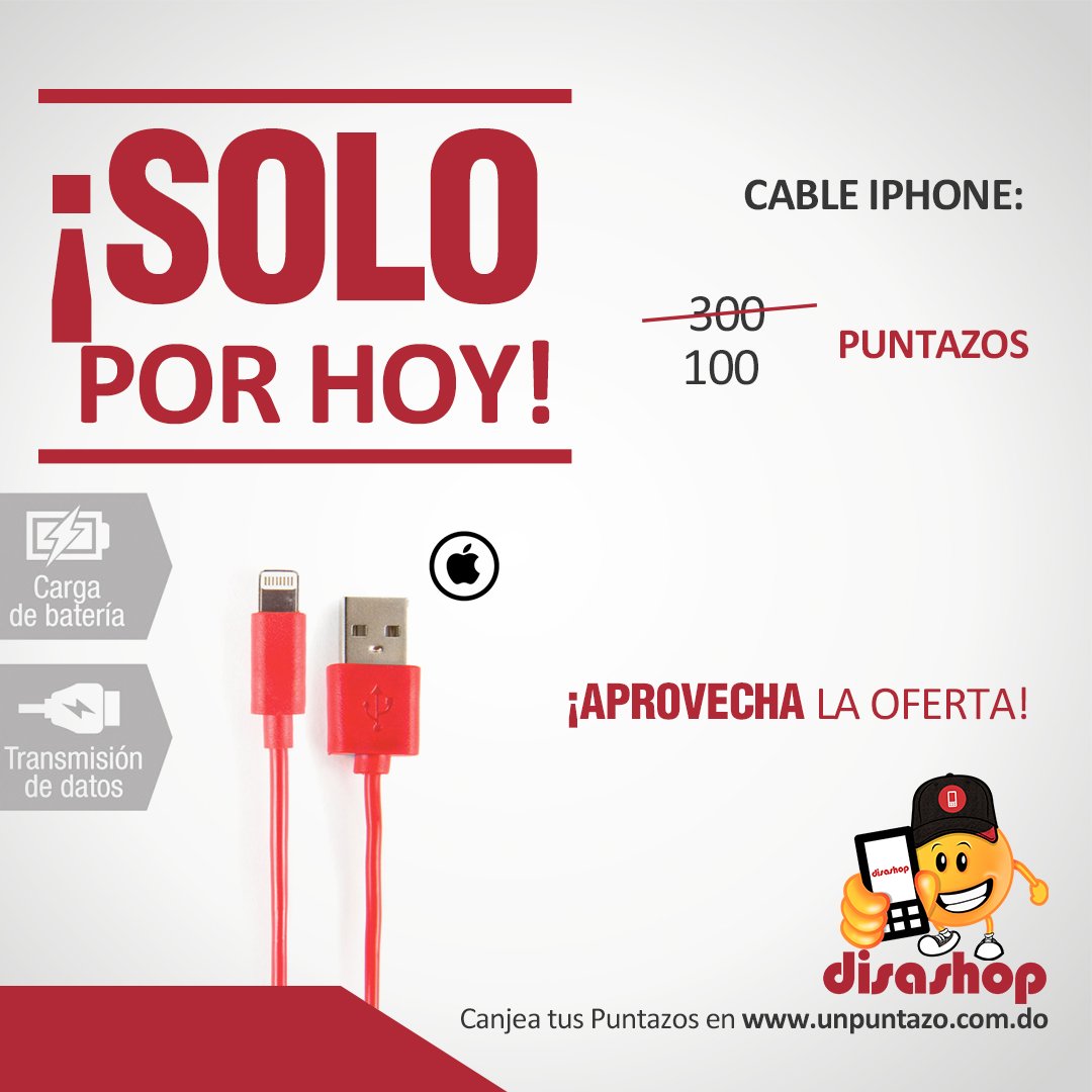 ¡Solo por hoy! Visita nuestra página unpuntazo.com.do y canjea el Cable para iPhone a precio de oferta.