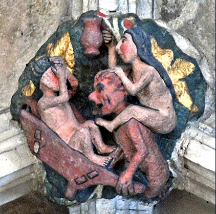 FemAleFestival's tweet photo. This SAT we'll be announcing our events for FEM.ALE Festival Norwich 2019! Now, enjoy this embossment on Norwich Cathedral where an alewife, holding a beer jug, rides naked on the back of a daemon, scooping up mortals in a wheelbarrow, on their way to hell. Brewsters r metal af🤘 https://t.co/EP1DaHK9zW
