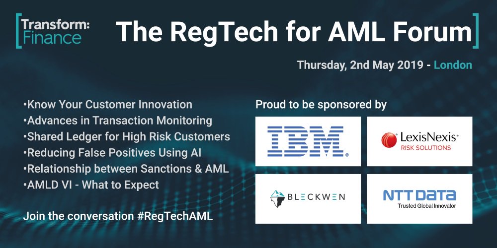 fintechf's tweet photo. Tomorrow's @TformFinance #RegTech for #AML Forum brings together top-notch speakers and senior banking executives in Canary Wharf. Join the conversation #RegTechAML and find out more https://t.co/iLjxZviemj #kyc #compliance #fraud #ai @IBM @PromontoryFG @LNRisk_FS_UK https://t.co/XOfcgZnjPK