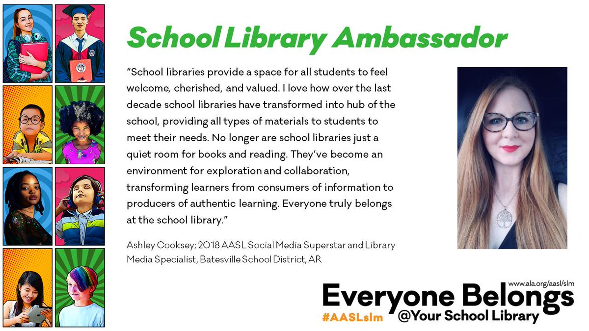 aasl's tweet image. “No longer are school libraries just a quiet room for books and reading. They’ve become an environment for exploration and collaboration, transforming learners from consumers of information to producers of authentic learning.” ~@AshleyCooksey2 #AASLslm