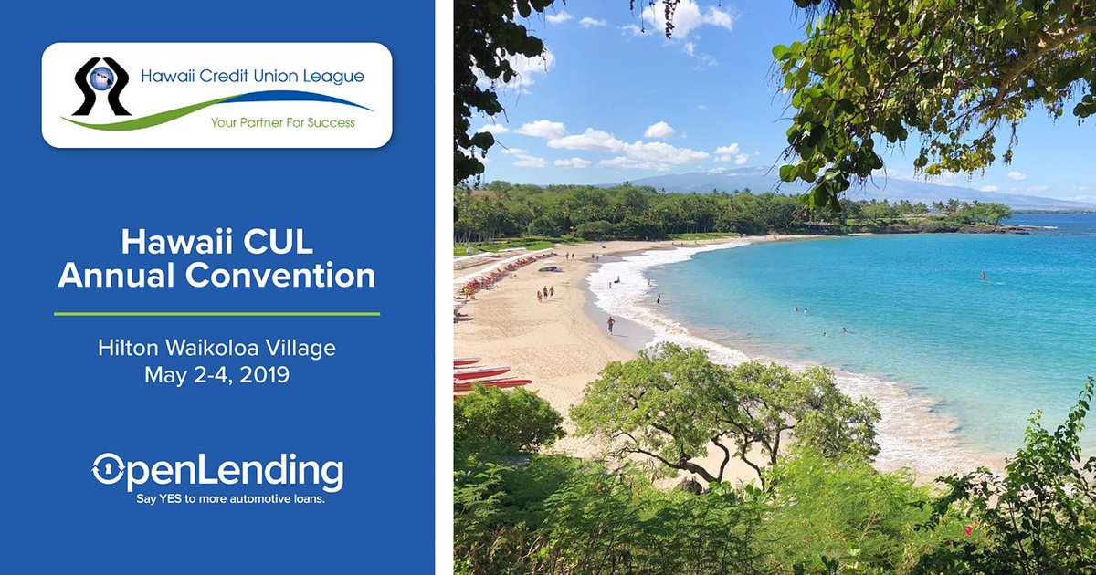 openlending's tweet photo. If you are attending the Hawaii Credit Union League Annual Convention tomorrow, talk to Open Lending's Tom Rice and Ben Dally to learn more about how we can help rev up your auto loan portfolio!
.
.
.
#openlending #hawaiicul #events #automotiveretail #lendersprotection #lendpro https://t.co/ukKYLvCYqA